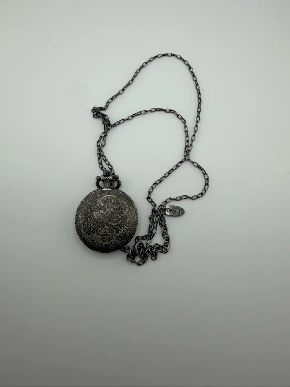 Decree vintage Gunmetal Open-Face Pocket Watch Necklace watch